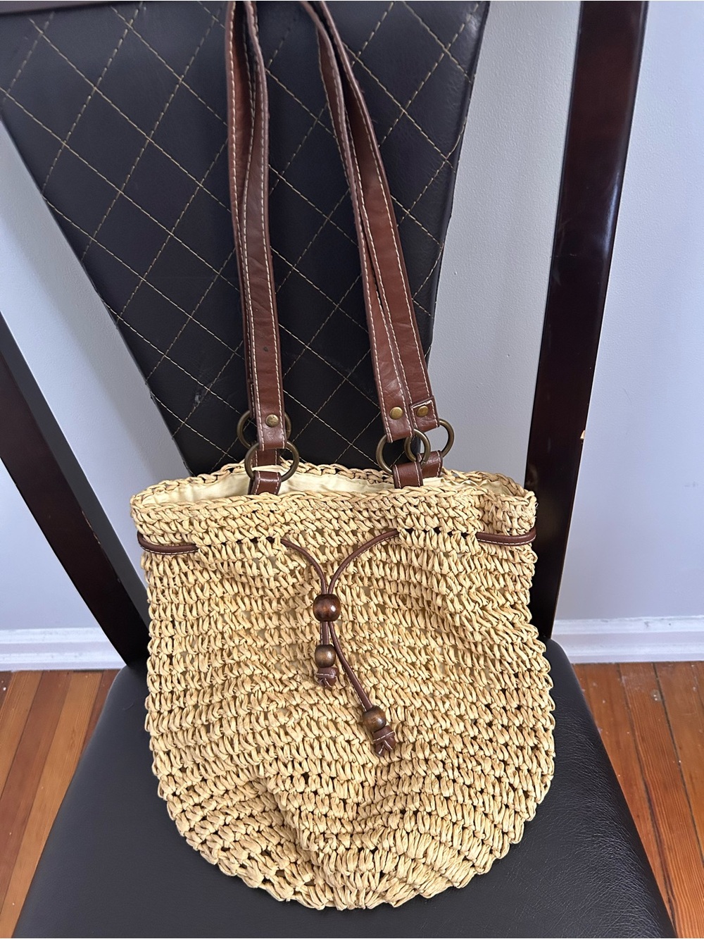 Straw Woven Shoulder hobo Bag with Brown Leather Straps